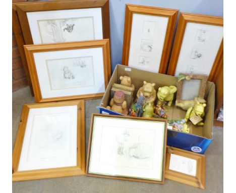 Winnie the Pooh collectables, two bookends, wooden and ceramic figures and framed pictures 