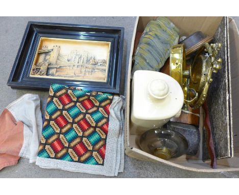 A brass gong and candlestick, a Metamec clock, stoneware hot water bottle, inkwell, a wooden box, etc. 