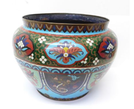 A large 19th Century French copper and enamel jardiniere, a/f 