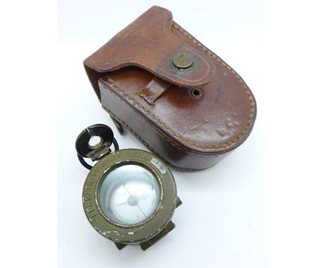 A WWI military patent Lensatic compass in original leather pouch, made in USA, pouch lacking stud 