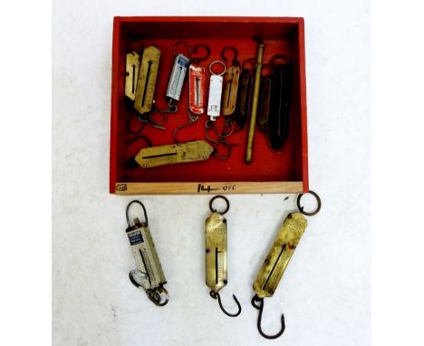 A box of fourteen vintage spring balance scales, mainly Salter, some Hughes and a Little Sampson 