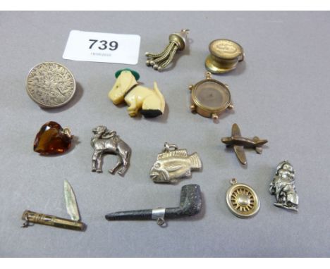 A 9 ct gold compass charm a/f and various other antique charms etc. 