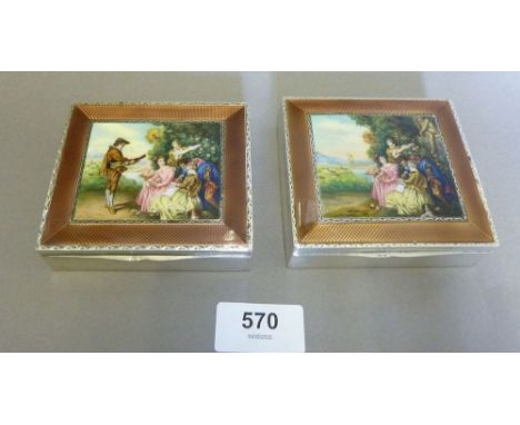 A fine pair of silver and enamel boxes with rococo landscape and figurative scenes to lids, 8 x 9 x 2.5cm, cedar lined, with 