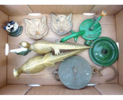A pair of brass pheasants, sack scale, bean slicer etc.