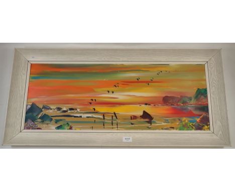 George Deakins - vintage oil on board seascape, 29 x 79cm 