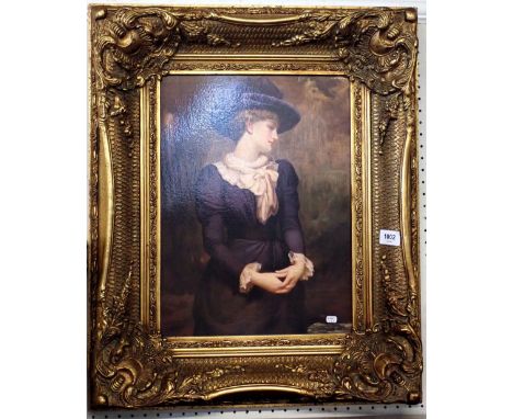A reproduction print of a woman in purple dress and hat, in heavy gilt frame, 39 x 28cm