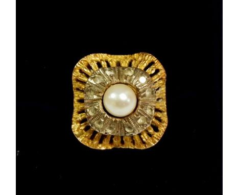 A vintage gold ring set pearl within white stone/diamond surround, size H, 6.2g 