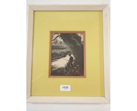 A monochrome print of a boy fishing after Denys James Watkins Pitchforth 'BB', signed and dated 1954 in original 1950's frame
