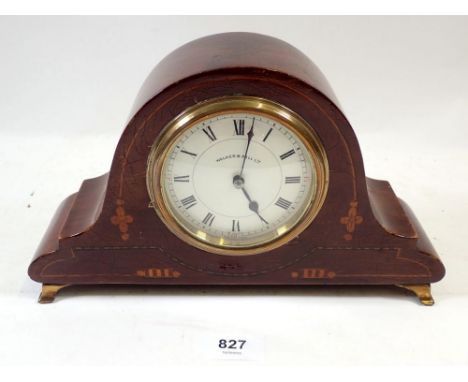 An Edwardian mahogany Walker &amp; Hall eight day mantel clock with marquetry decoration, 14cm tall 