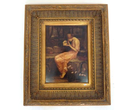 A decorative reproduction print of a woman with gold box in gilt frame, 38 x 28cm 
