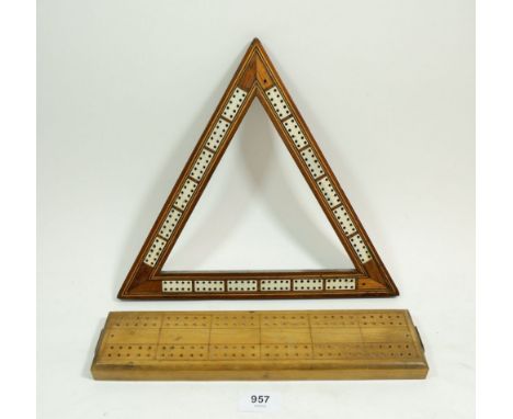 A triangular marquetry and bone cribbage board and another cribbage board 