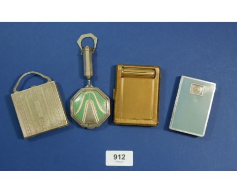 A Kigu compact and lipstick case, a silver plated handbag form vanity case, a chrome compact with miniature clock and a compa