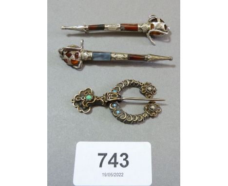 An antique yellow and white metal Celtic cloak pin set turquoise and pearls - unmarked and two white metal stone set brooches