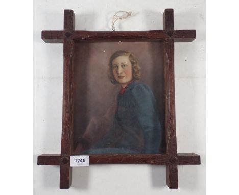 A 1930's oil on board portrait of a woman in blue dress, in oak jointed frame, 24 x 20cm 