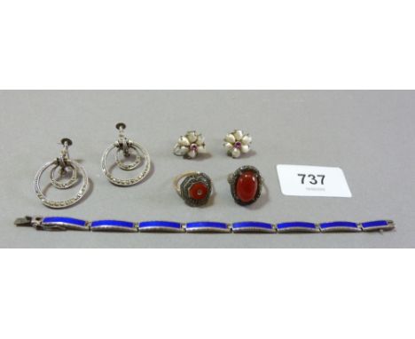 A group of antique silver costume jewellery including marcasite and enamel 