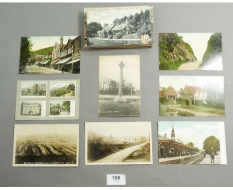 Postcards: Worcester topo including Evesham RP blossom at Clark's Hill, scenes at Malvern including Railway Station (interior