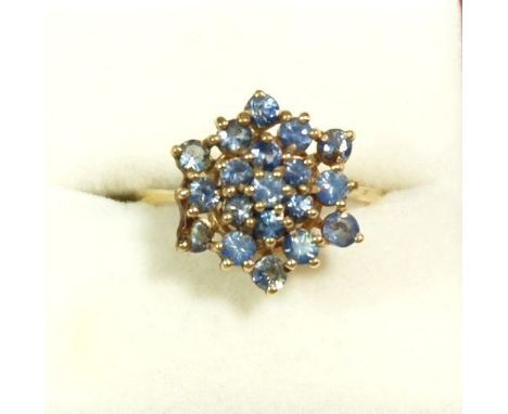 A 15 carat gold cluster ring set blue stones, size O to P 