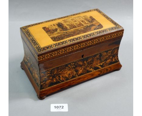 A 19th century Tunbridgeware tea caddy decoration Lewis College No 28 to top and floral band to concave sides, 24 x 11.5 x 13