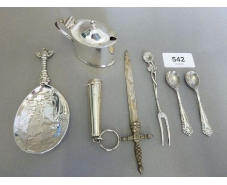 A silver mustard pot Birmingham 1849, a cheroot holder and two salt spoons plus a silver plated letter opener, caddy spoon an