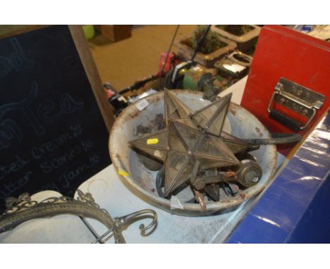 An enamel bowl AF together with various light fittings and one in the form of a star