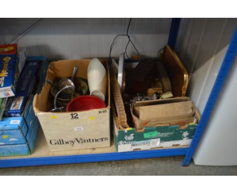 Two boxes containing various sundry items to include copper coinage; tea caddy and contents of coinage; lighter etc.