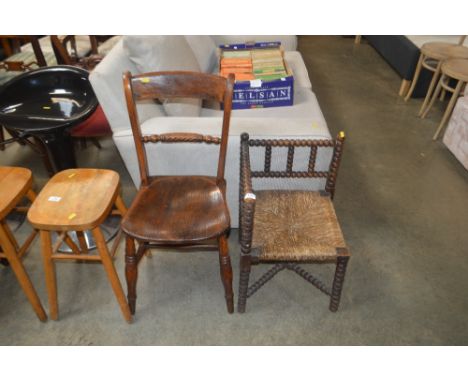 A bobbin turned corner chair; together with a rope back and elm seated chair