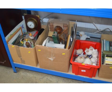 Three boxes of various sundry items to include a clock barometer; music stand; marbles; soft toy; solitaire board; religious 