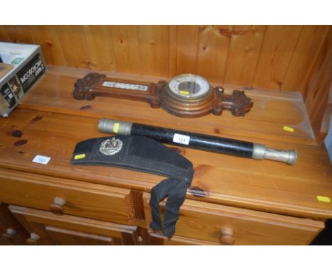 A leather mounted telescope; together with a Glengarry style hat and a small oak case barometer