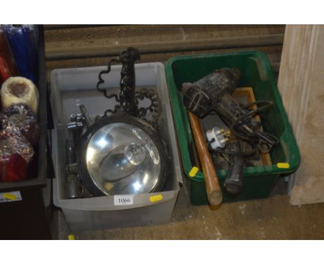 Two boxes of various hand tools and a spot lamp
