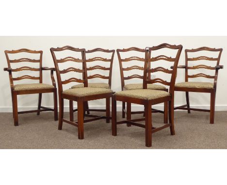 Set six 4+2 Georgian style mahogany ladder back dining chairs, shaped and pierced cresting and back rails, drop in upholstere