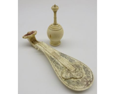 19th Century bone Pounce Pot with pierced cover H8cm and a carved bone miniature lute with engraved decoration L16cm Conditio