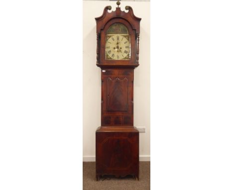 19th century mahogany long case clock, swan neck pediment, checkered inlay with further satinwood stringing, painted enamel f