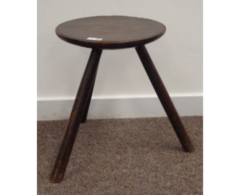 Primitive three legged oak stool, possibly welsh, with circular seat, H39cm Condition Report & Further Details There is some 