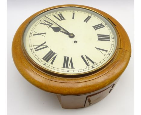 Early 20th century oak cased dial wall clock, single chain fusee driven movement, white painted enamel face with Roman dial, 