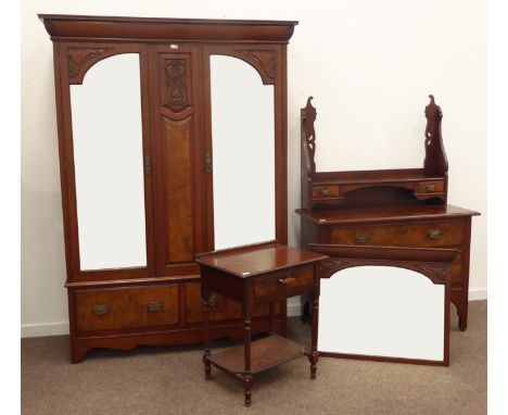 Victorian walnut bedroom suite, compromising of double wardrobe, projecting cornice over two bevel glazed mirror doors, two d