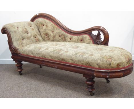 Victorian mahogany framed chaise longue, carved scrolled acanthus leaf decoration, floral beige button back upholstery, turne