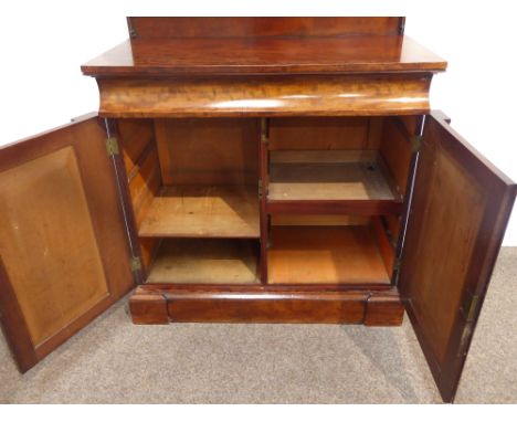 19th century mahogany Gothic Revival side board chiffonier, raised shelf back with shaped cresting on pierced scroll supports