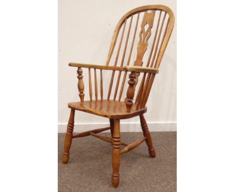 19th century light elm and beach high back Windsor armchair, stick and pierced splat back, turned supports connected by H str