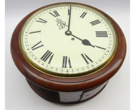 20th century George V GPO double-sided fusee clock, mahogany case, painted enamel face with Roman numeral dial, W38cm, D21cm 