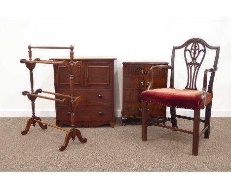 19th century mahogany cabinet, Georgian elbow chair, towel rail and four drawer bow front chest (4) Condition Report & Furthe