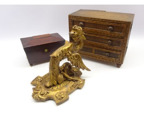 Carved and gilt wood Griffon wall bracket H30cm, a 19th Century mahogany tea caddy and a miniature 3 drawer chest W28cm Condi