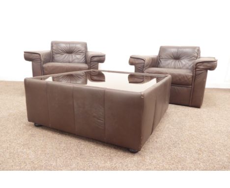 Pair vintage retro armchairs, upholstered in brown leather, (W87cm) together with matching coffee table, with inset glazed to