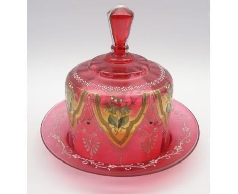 Bohemian ruby glass cheese dome and stand with floral panels and overlaid decoration D25cm Condition Report & Further Details