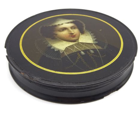 Early 19th Century Stobwasser papier mache circular snuff box, the cover with a portrait of Mary Stuart, Queen of Scots inscr