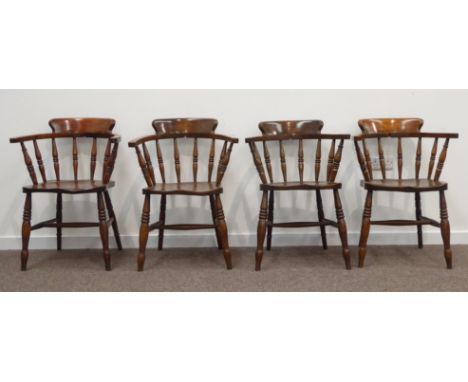 Set four 20th century elm and beech smokers bow armchairs, tub shaped spindle backs, turned supports joined by stretcher Cond