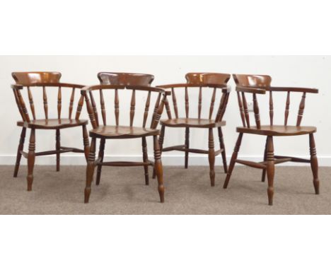 Set four 20th century elm and beech smokers bow armchairs, tub shaped spindle backs, turned supports joined by stretcher Cond