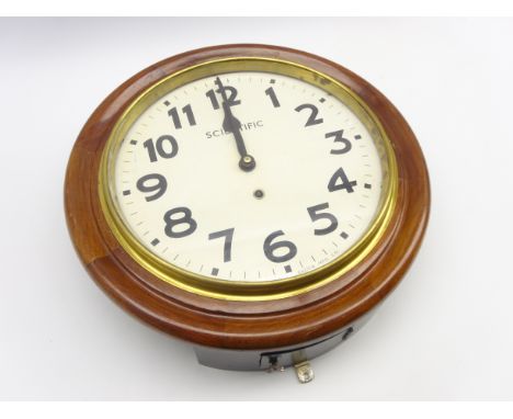 20th century mahogany cased circular dial wall clock, white enamel painted face with Arabic numeral dial, 'made by the scient