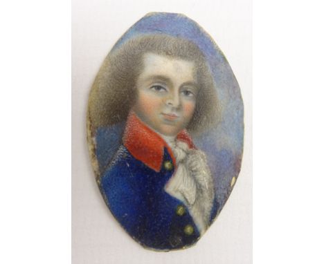 Miniature oval head and shoulders portrait of a young Naval officer, inscribed on the reverse '1762' 4.5cm x 3cm (unframed) C