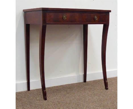 20th century figured mahogany regency style bow front two drawer side table with inlaid boxwood stringing on sabre supports W