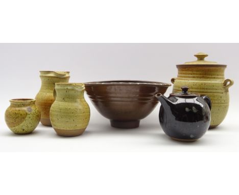  David Lloyd Jones (1928-1994) Tenmoku glazed bowl D29cm, 2 David Lloyd Jones studio pottery graduated jugs, taller H18cm and